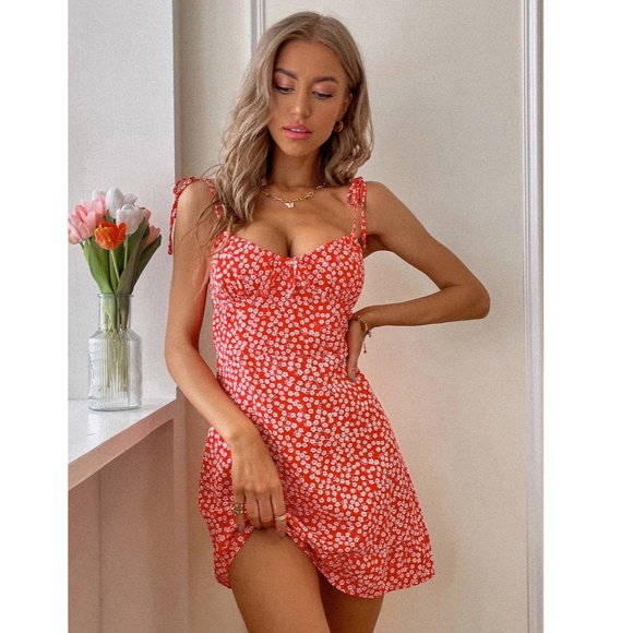 Red Floral Mini Dress Tie Straps - Picture 4 of 9